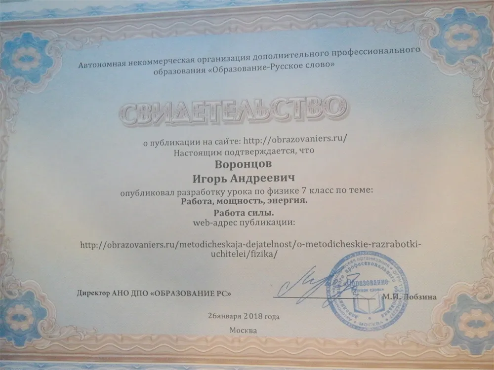 Свидетельство (разместил разработку урока по физике). 