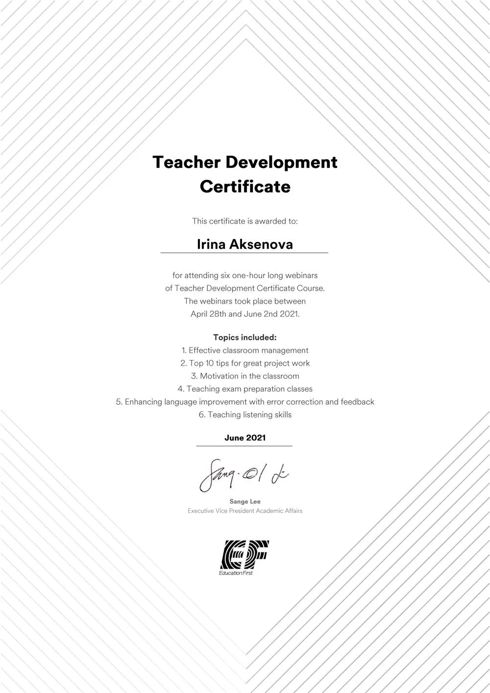 Teacher Development Certificate July 2021