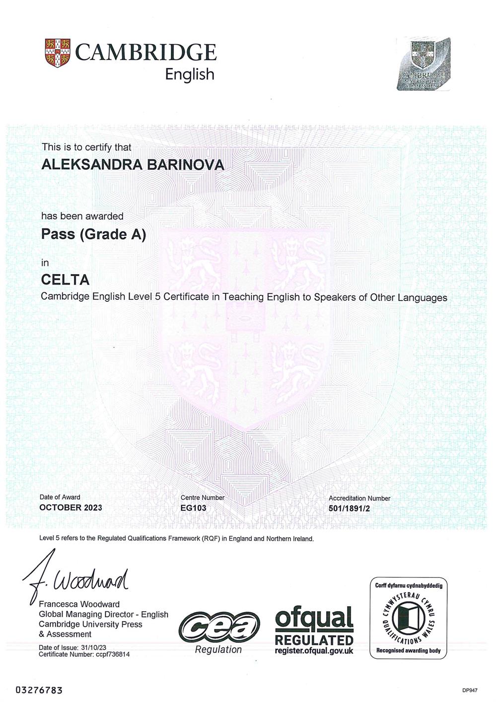 Certificate CELTA 