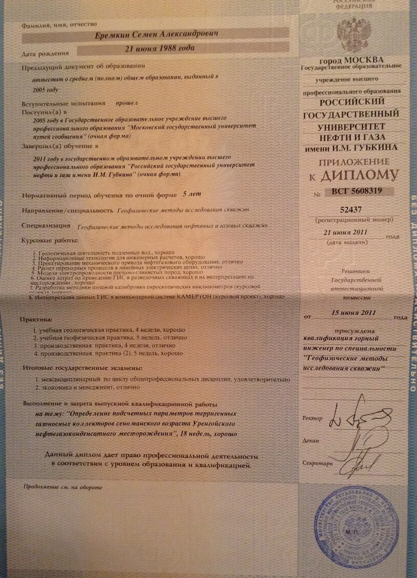 Приложение к диплому
