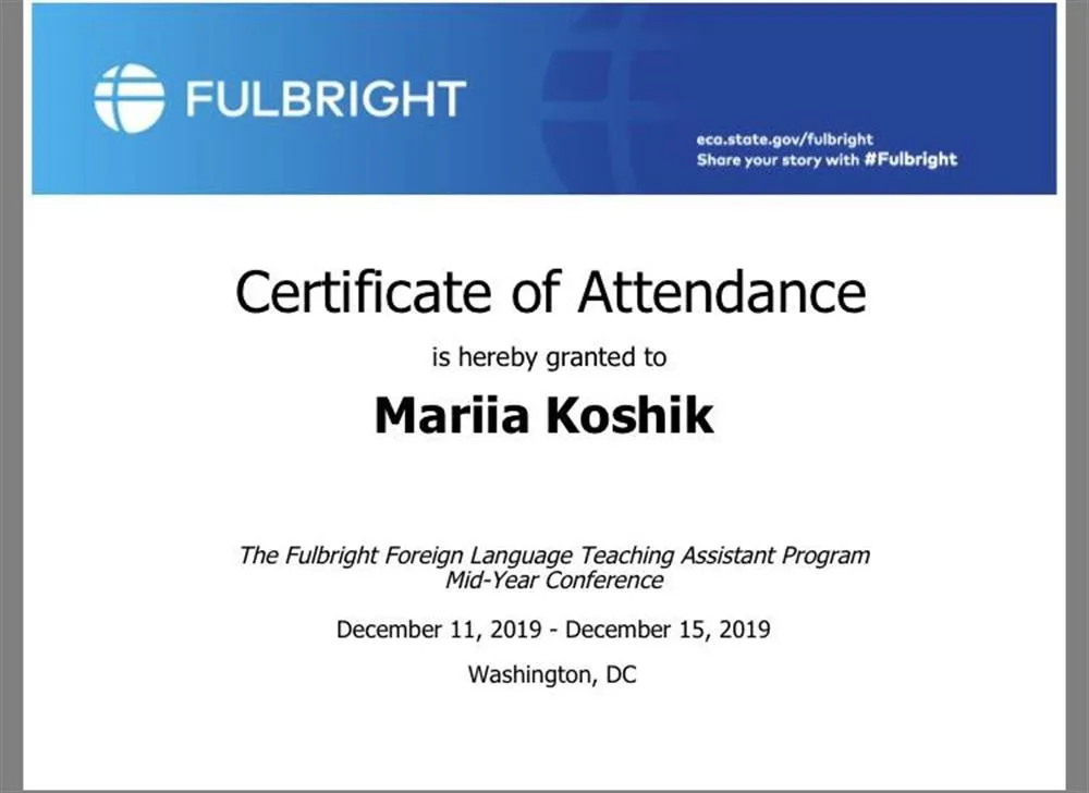 Сертификат о посещении конференции Fulbright FLTA в Вашингтоне
