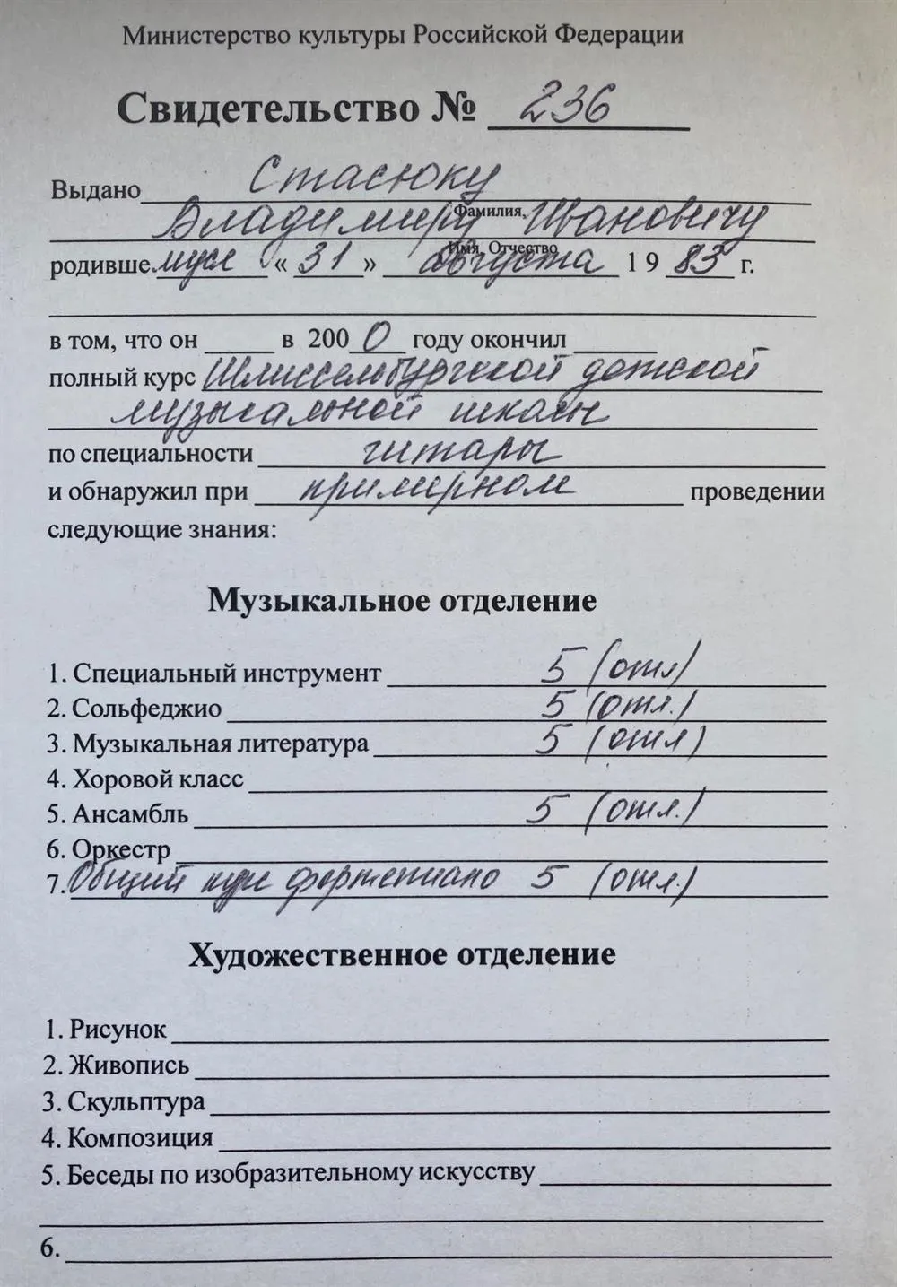 Свидетельство об окончании музыкальной школы
