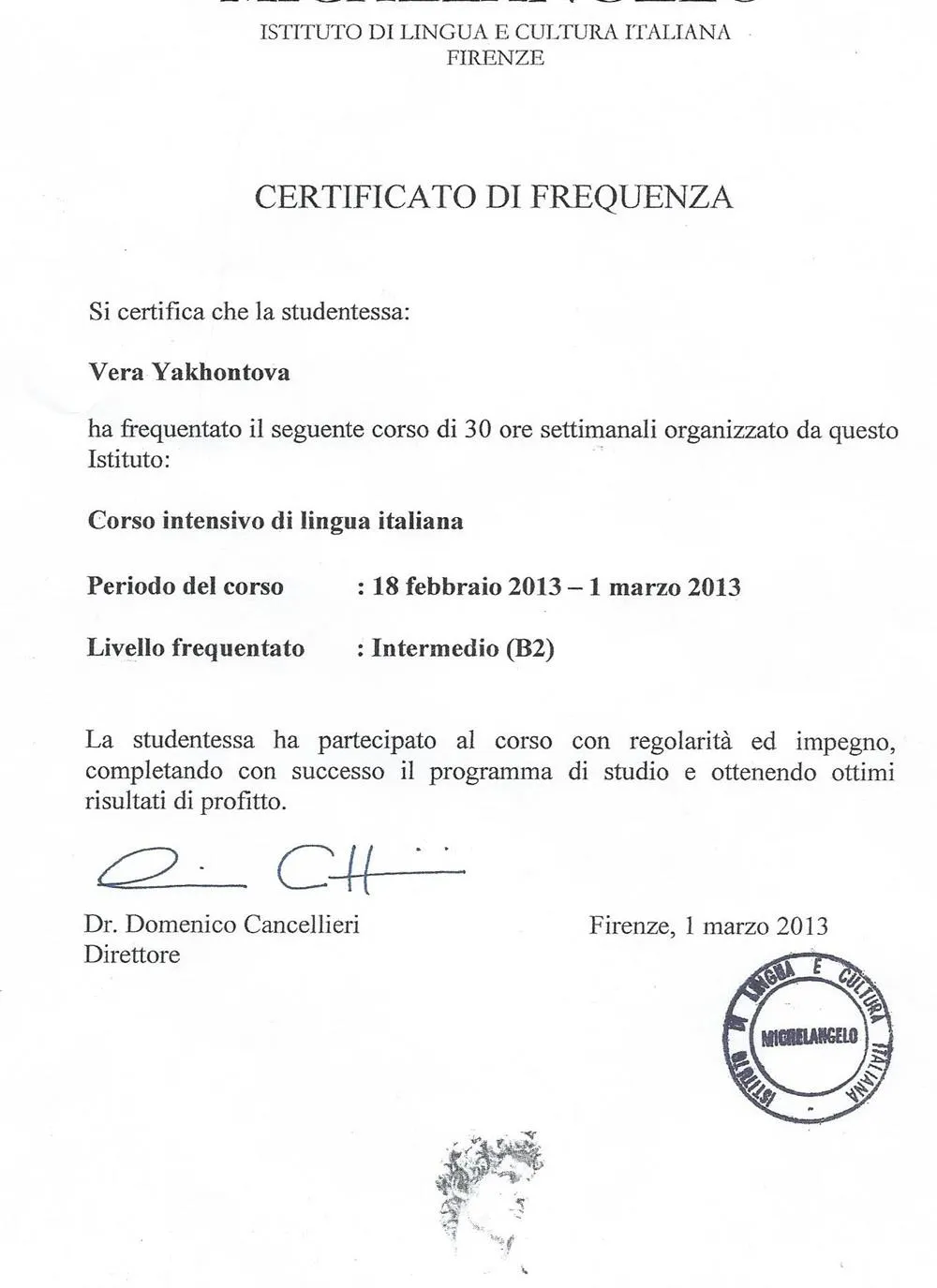 Certificato di Frequenza (B2)