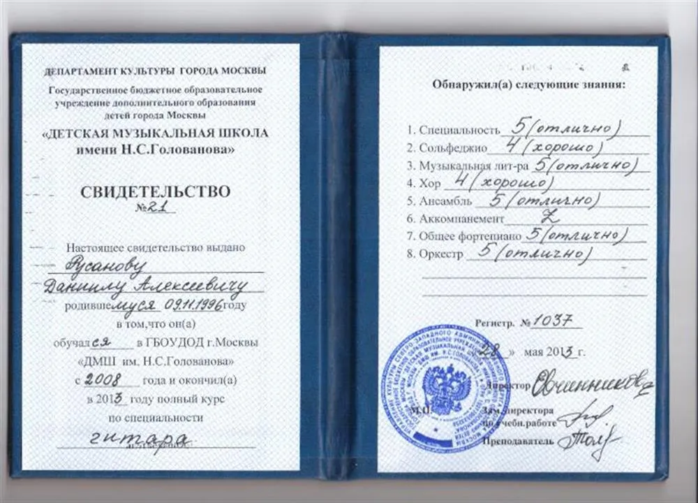 Свидетельство об окончании ДМШ