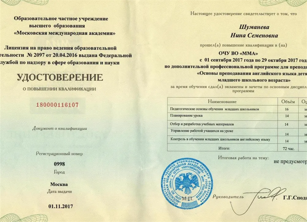 Удостоверение о повышении квалификации "Основы преподавания английского языка младшим школьникам"