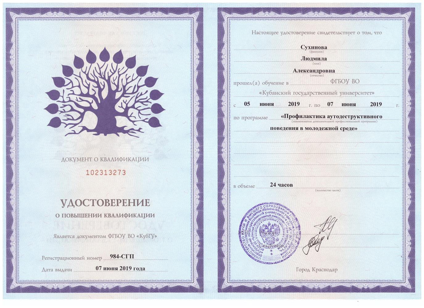 Удостоверение о повышении квалификации. "Профилактика аутодеструктивного повдения в молодежной среде"
