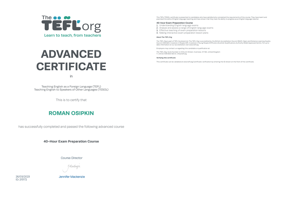 TEFL ADVANCED CERTIFICATE