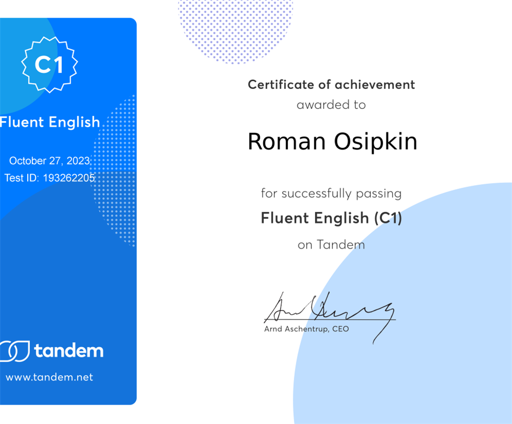 C1 English Certificate (Issued by Tandem)