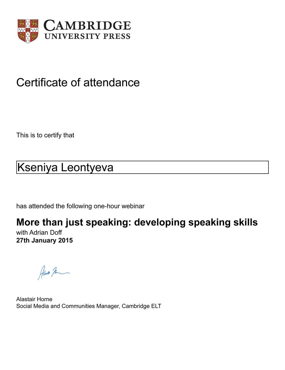 Вебинар "More than just speaking - developing speaking skills", Cambridge University, 2015