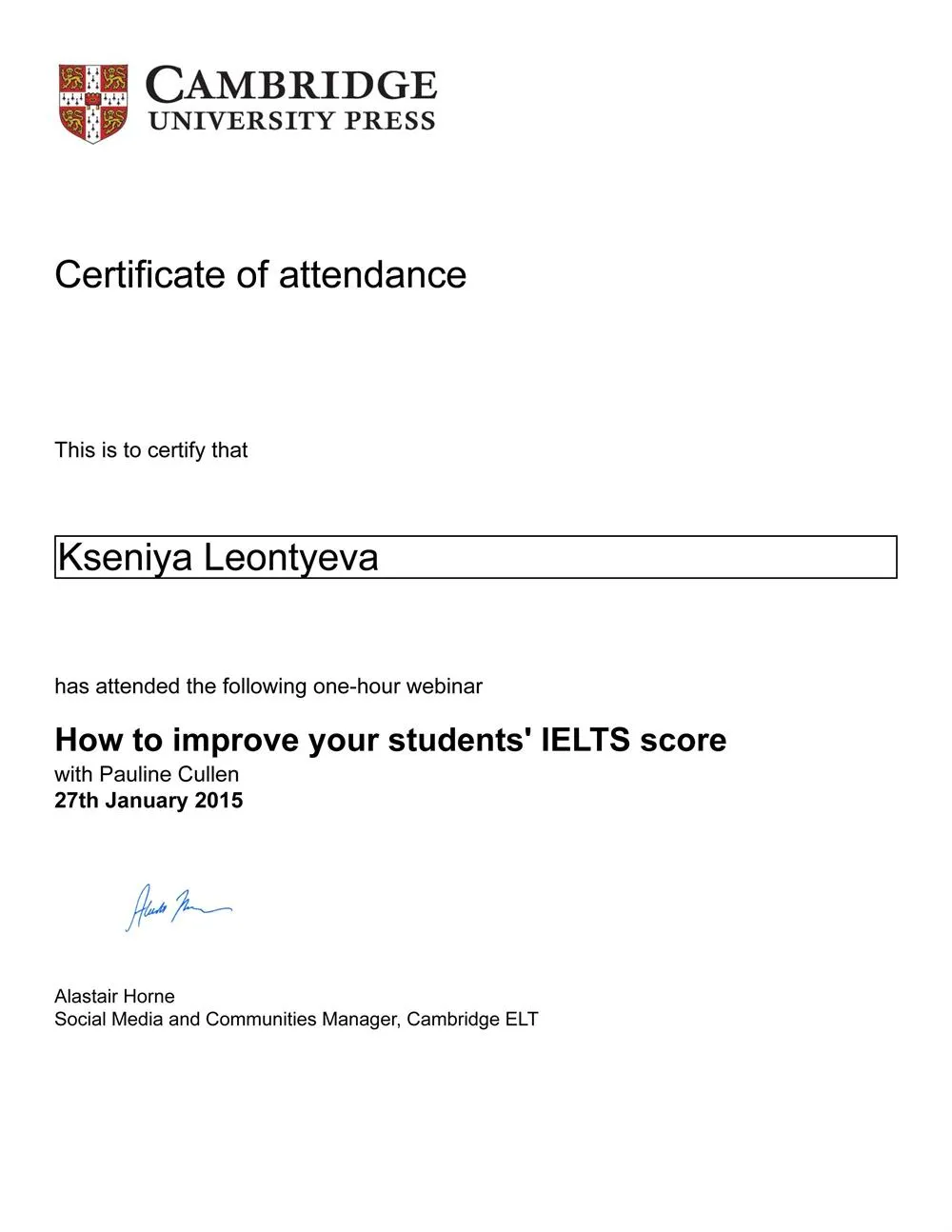 Вебинар "How to improve your students' IELTS score", Cambridge University, 2015