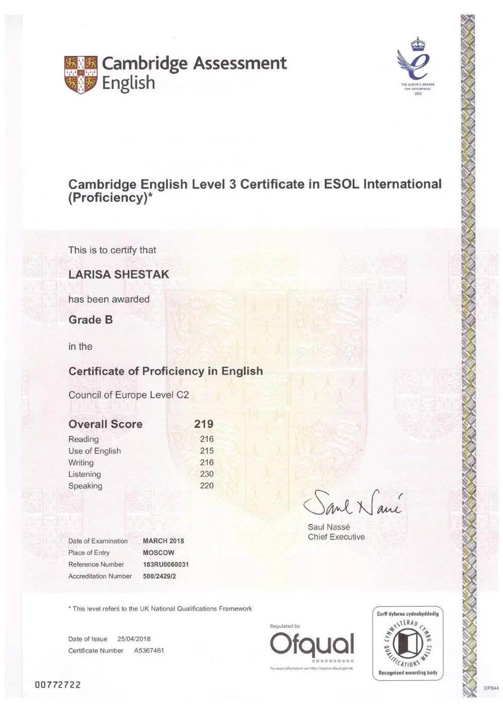 Cambridge Exam CPE Grade B Certificate 2018