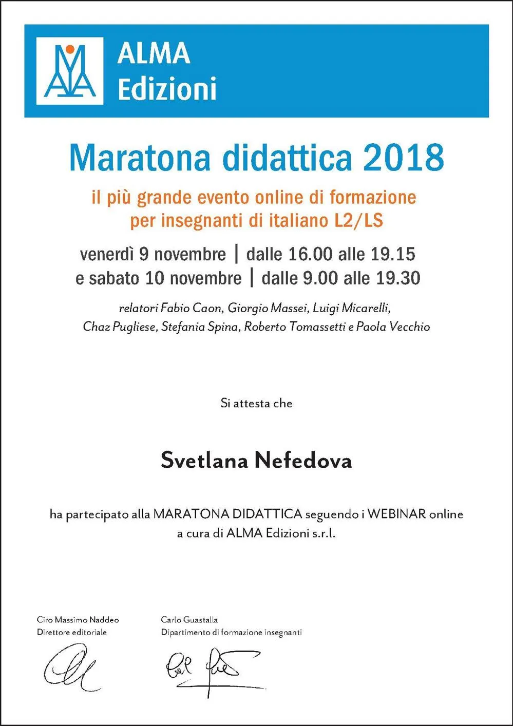 Аттестат участия в Maratona didattica di Alma edizioni