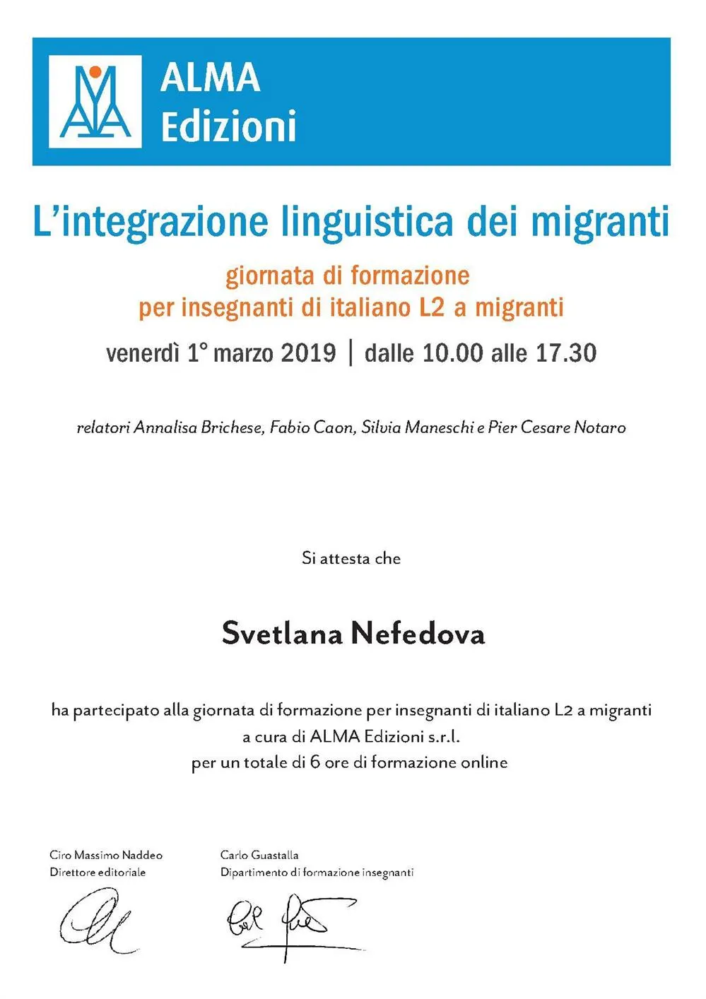 Аттестат участия в вебинаре Alma Edizioni L'integrazione linguistica dei migranti 
