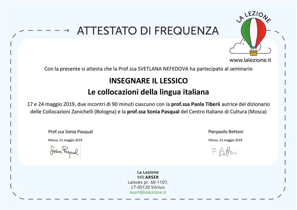 Аттестат участия в Seminario Insegnare il lessico, Le collocazioni della lingua italiana 