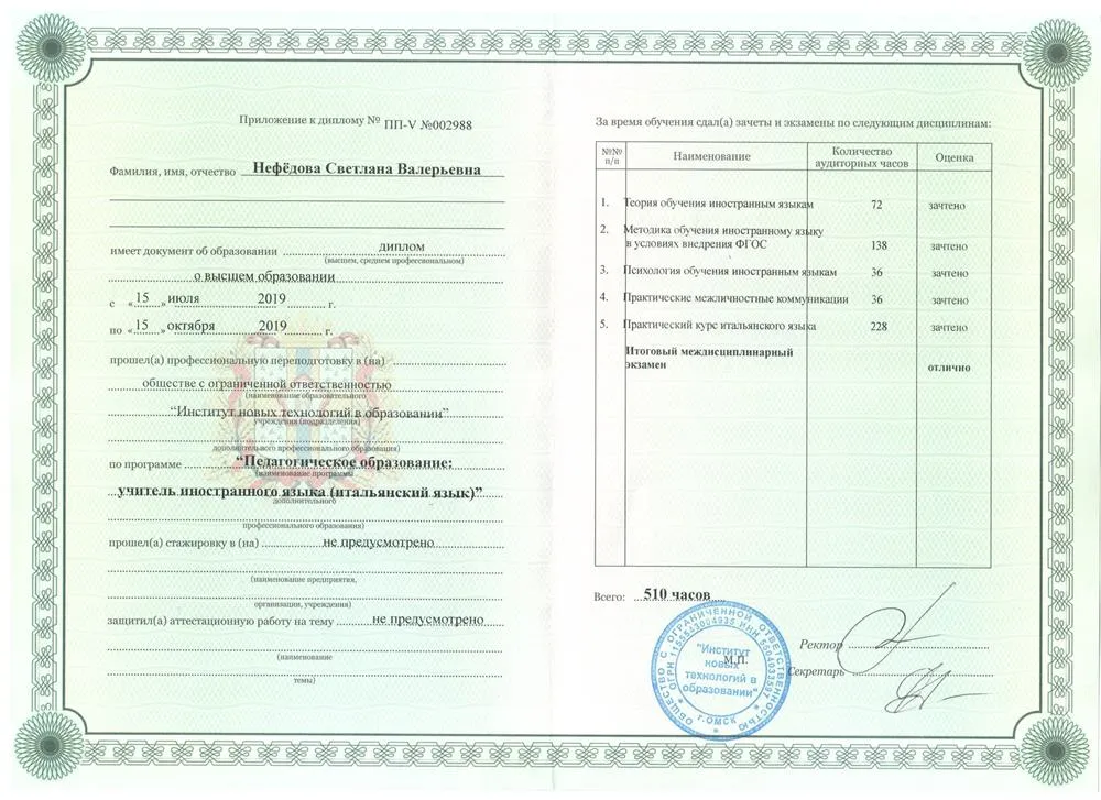 Диплом о профессиональной переподготовке, квалификация Учитель иностранного языка (итальянский) 