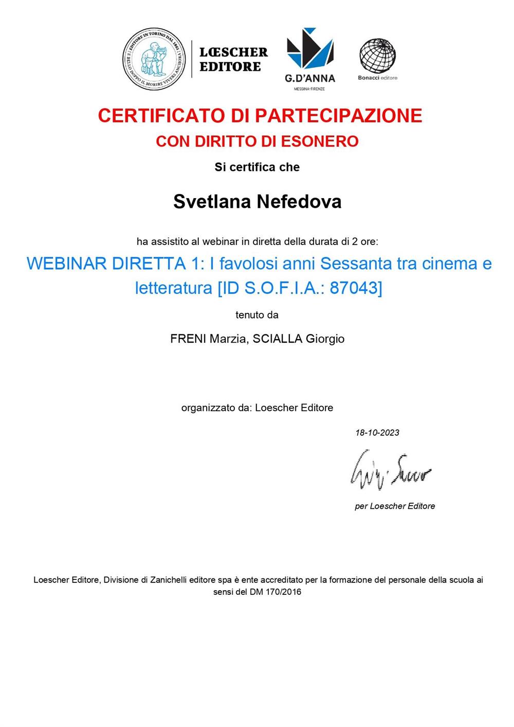 Сертификат. WEBINAR DIRETTA 1: I favolosi anni Sessanta tra cinema e letteratura