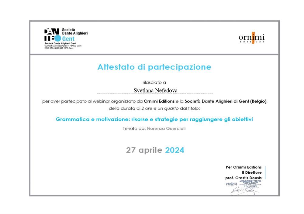 Сертификат “Grammatica e motivazione: risorse e strategie per raggiungere gli obiettivi” 