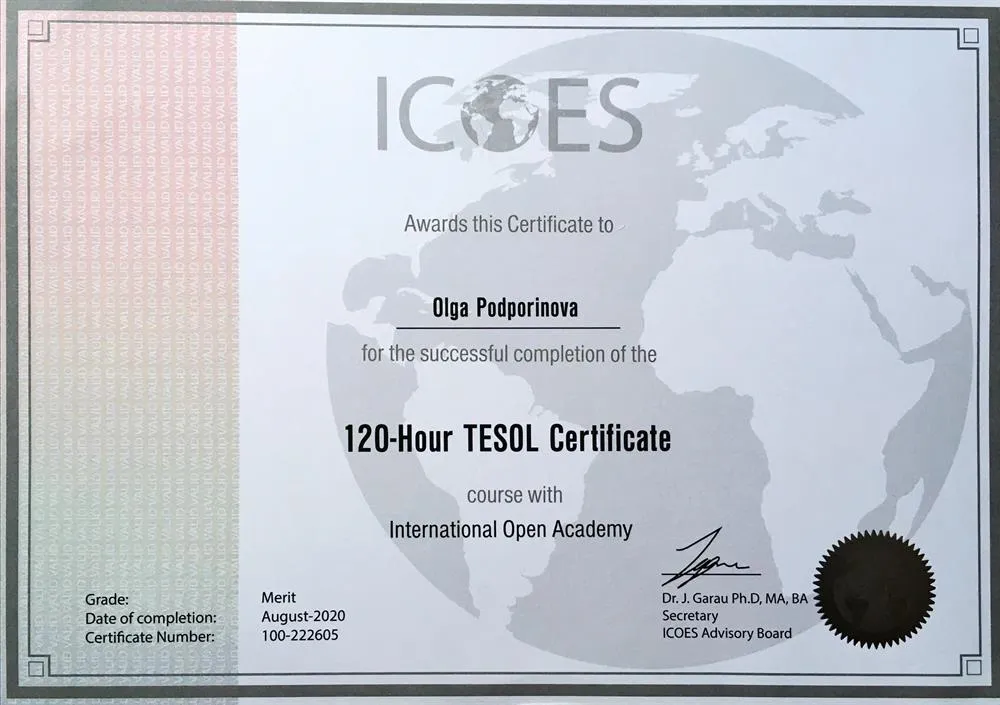 Сертификат TESOL, является подтверждением квалификации преподавателя, приравнивающей его уровень владения английским к носителю языка