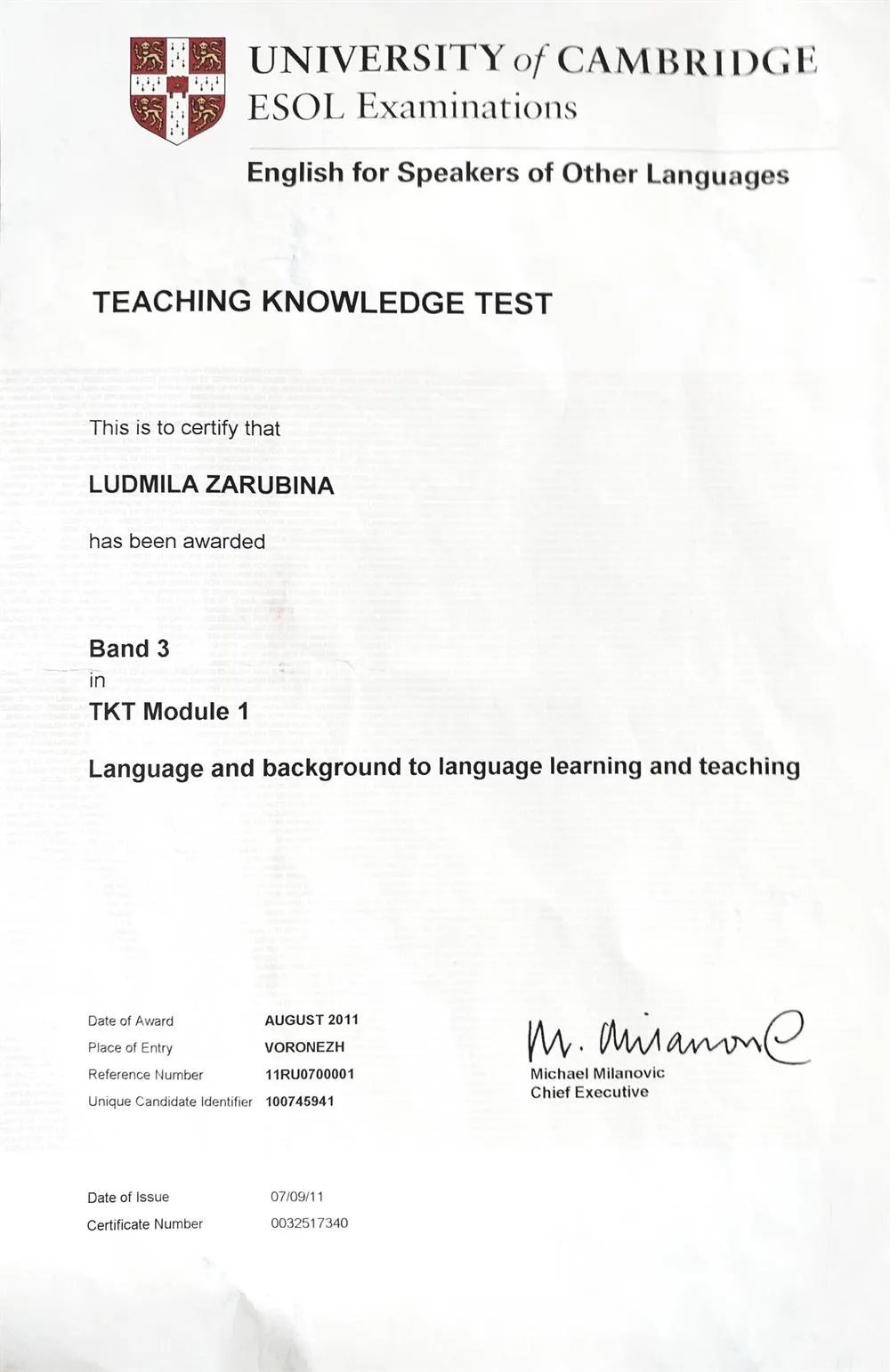 Cambridge ESOL Certificate TKT Module1