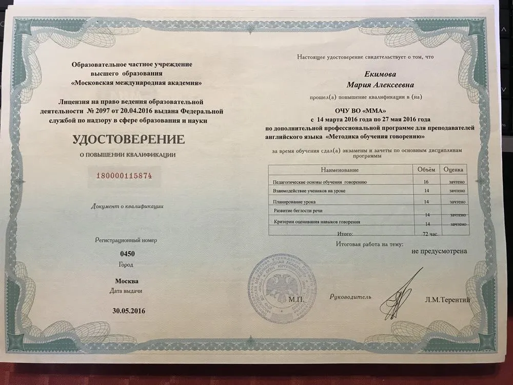 Удостоверение о повышении квалификации "Методика обучения говорению"
