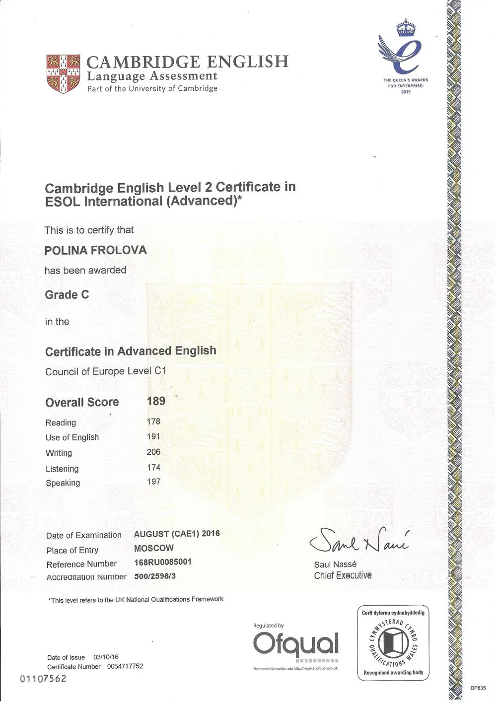Certificate in Advanced English