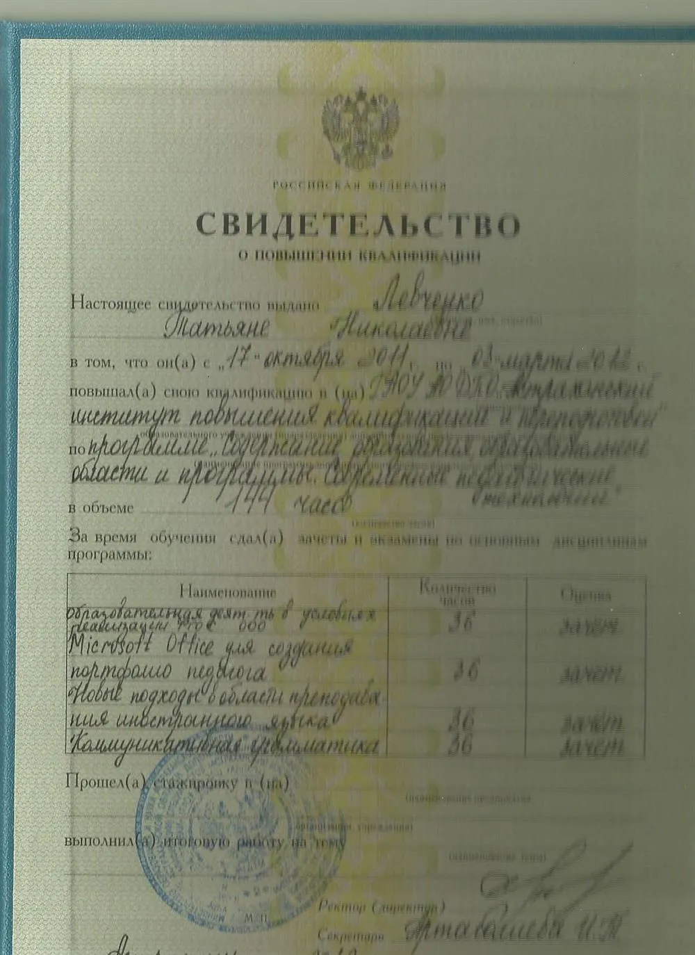 Свидетельство о повышении квалификации
