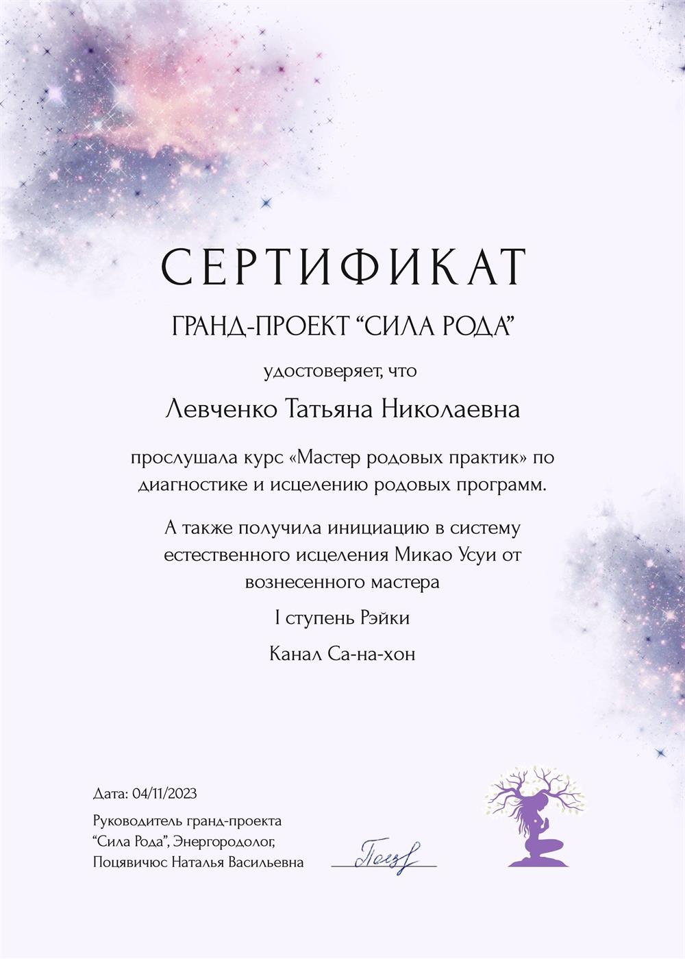 Сертификат Мастера Энергородолога
