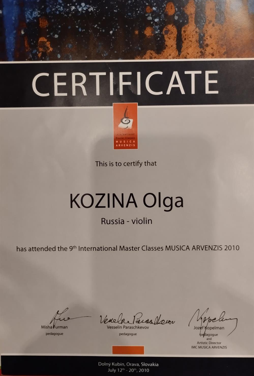 Сертификат об участии в мастер-классе профессора Vesselin Paraschkevov (Словакия).