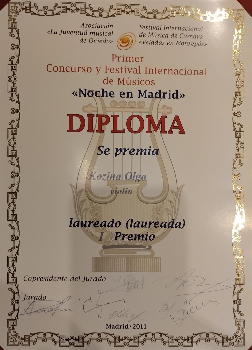 Диплом лауреата 1 премии конкурса "Noche en Madrid" (Испания)