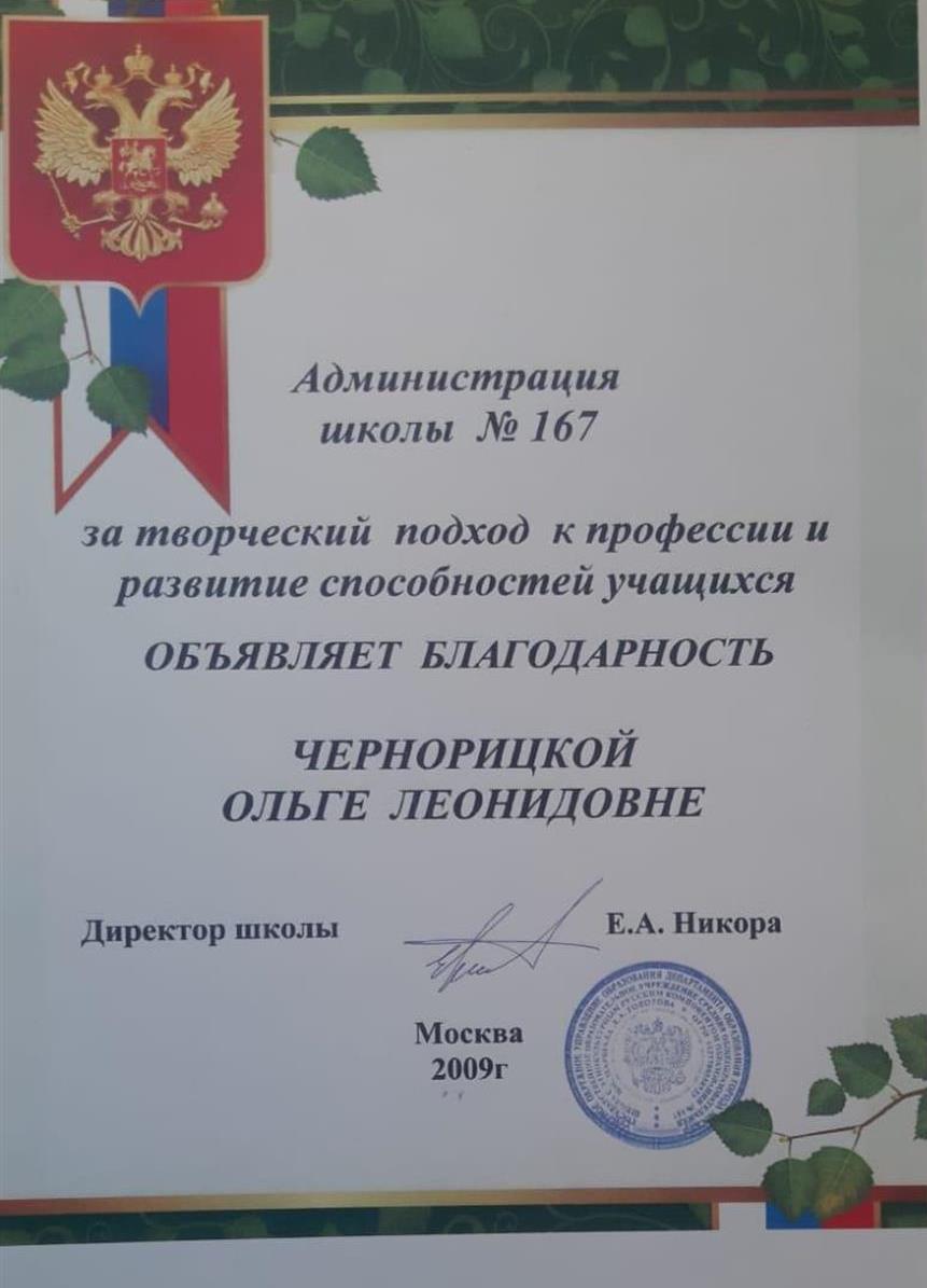 Благодарность  директора школы №167