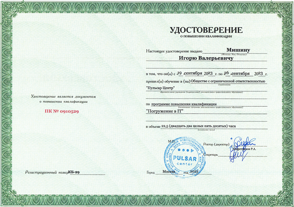 Удостоверение о прохождении курса "Погружение в IT"