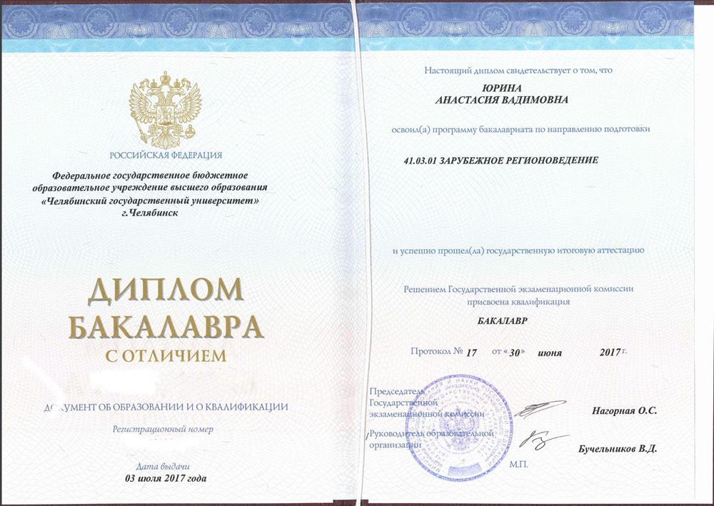 Диплом Бакалавра Зарубежного Регионоведения (Китай) ЧелГУ