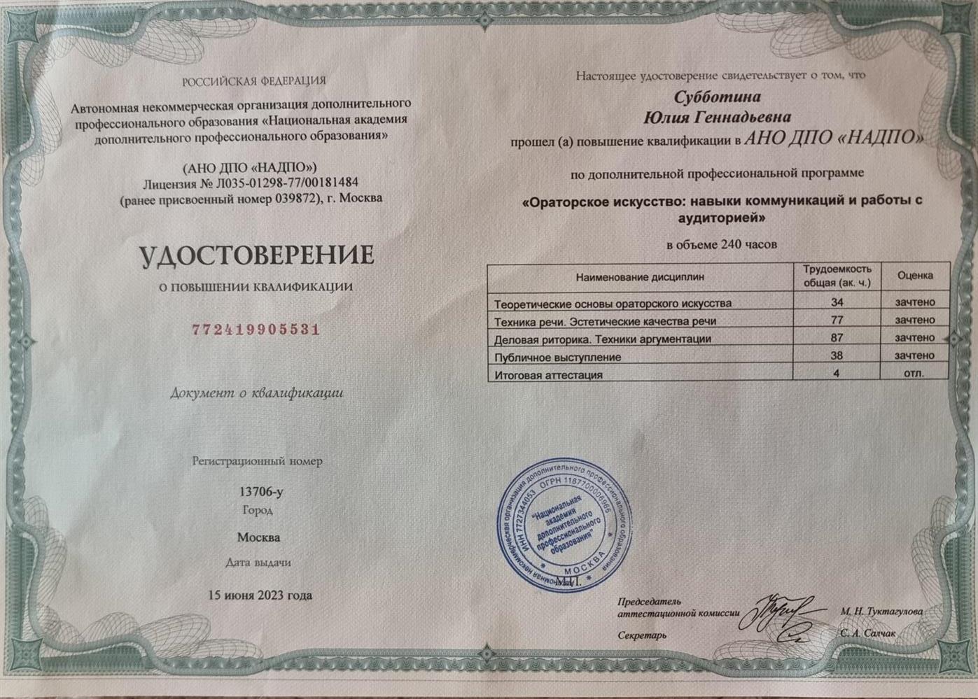 Удостоверение о повышении квалификации. Курс "Ораторское искусство"