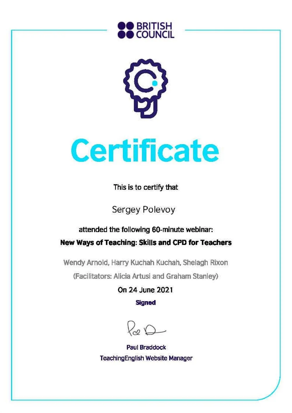British Council. Certificate of attendance