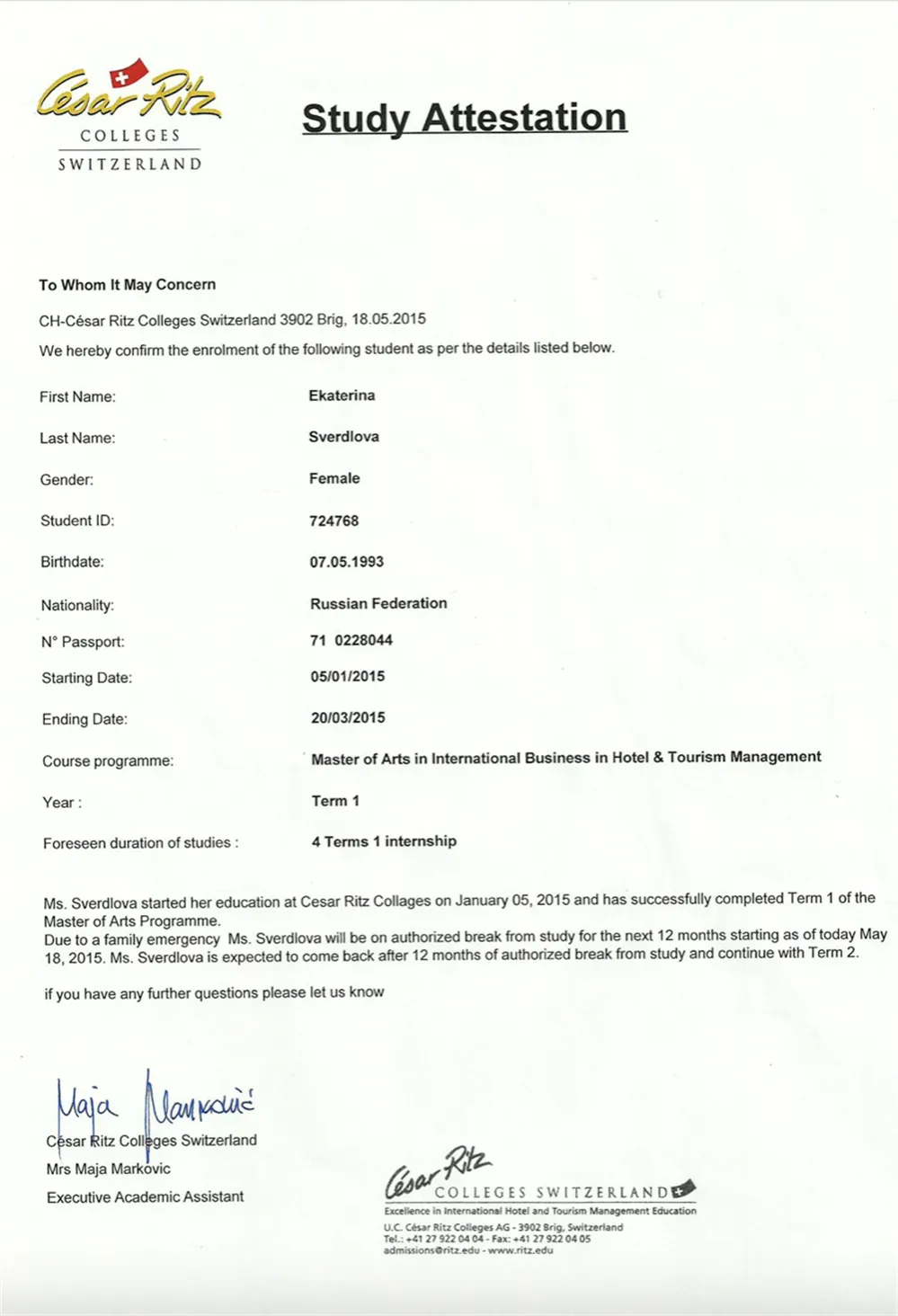 Cesar Ritz Attestation