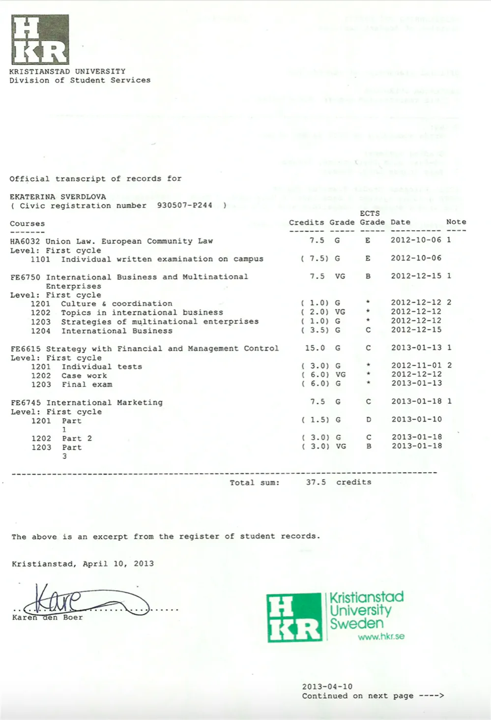 HKR Certificate