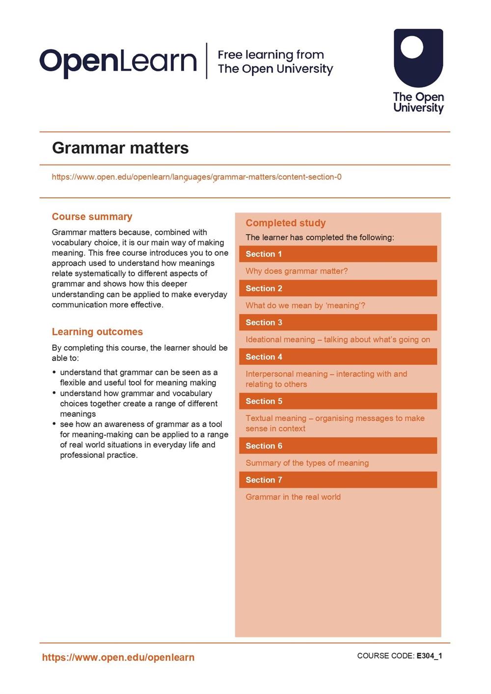 Statement of participation on completion of the  course "Grammar Matters (p.2).
