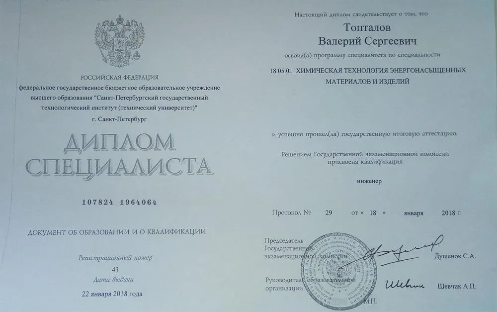 Диплом специалиста об окончании Технологического института 