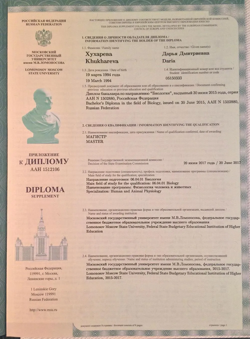 Приложение к диплому магистра