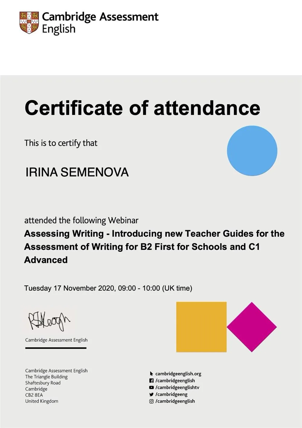 Certificate of Attendance Cambridge Assessment English Assessing Writing
