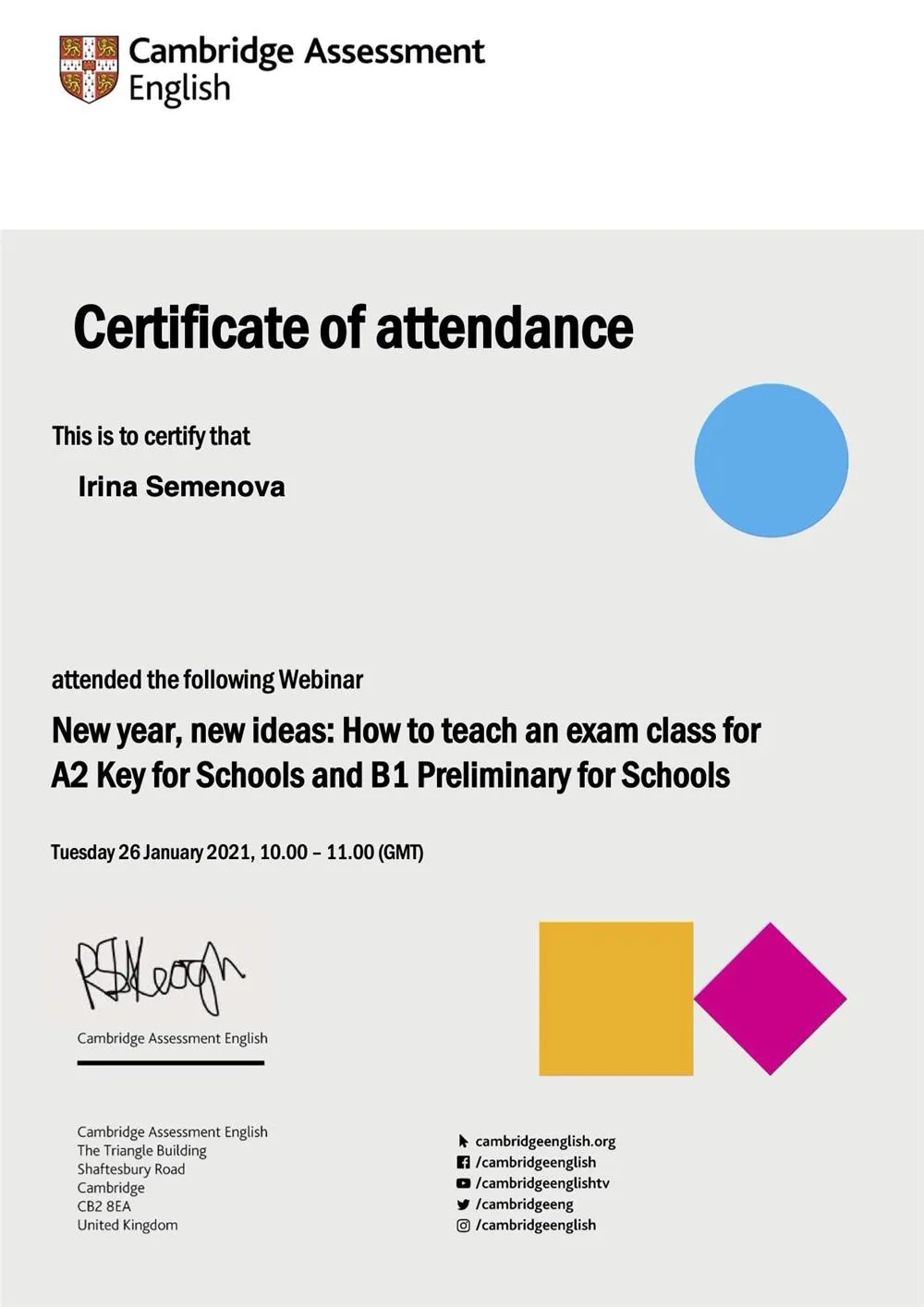 Certificate of Attendance Cambridge Assessment English 