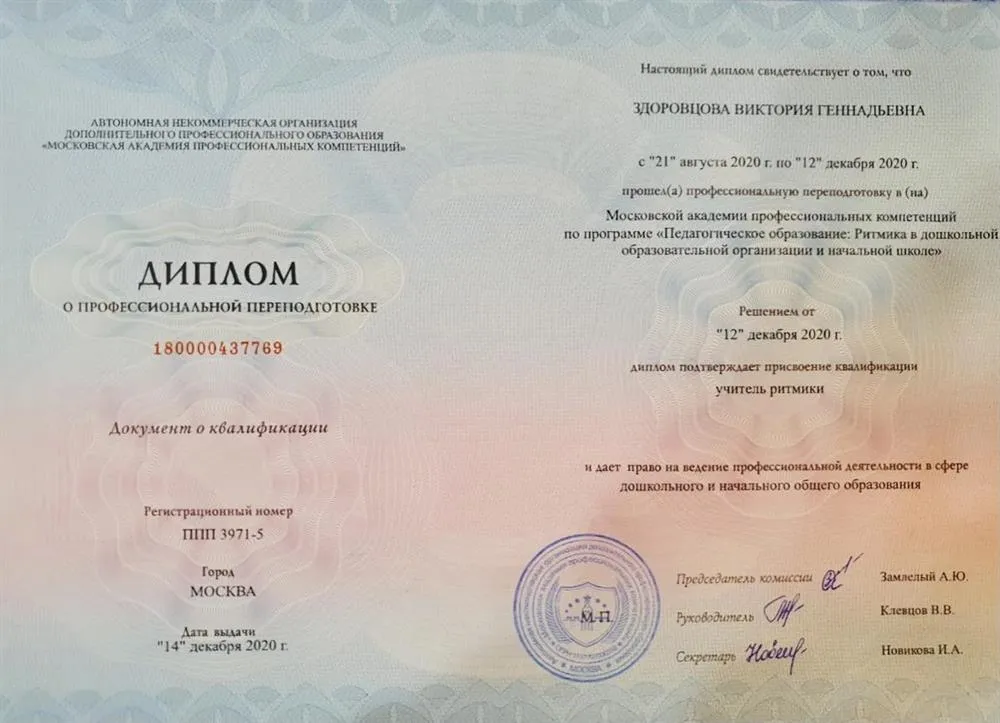 Диплом о квалификации. Ритмика