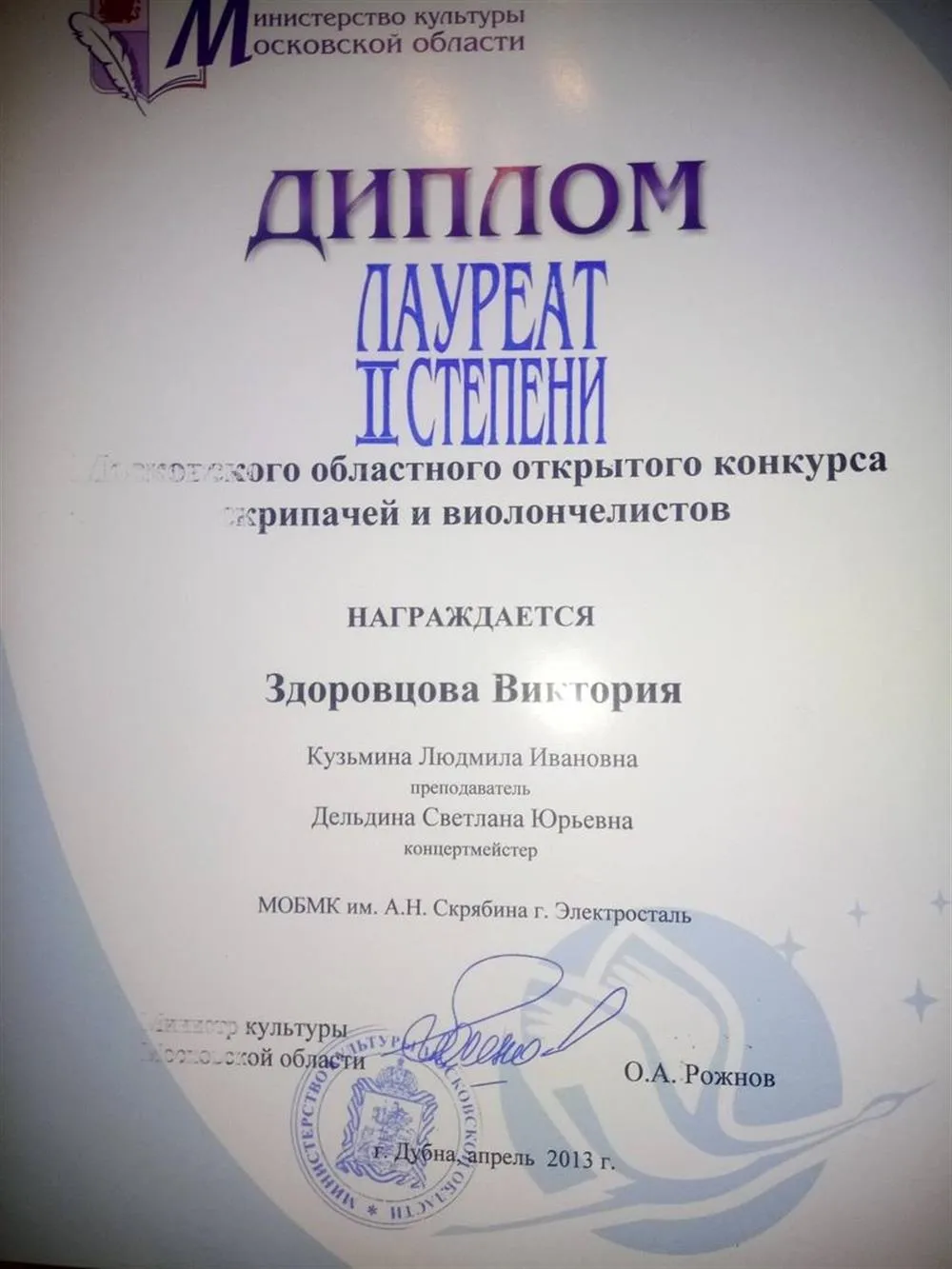 Диплом исполнителя Лауреат II степени 