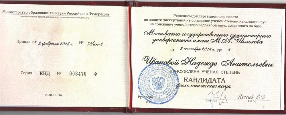 Диплом кандидата филологических наук