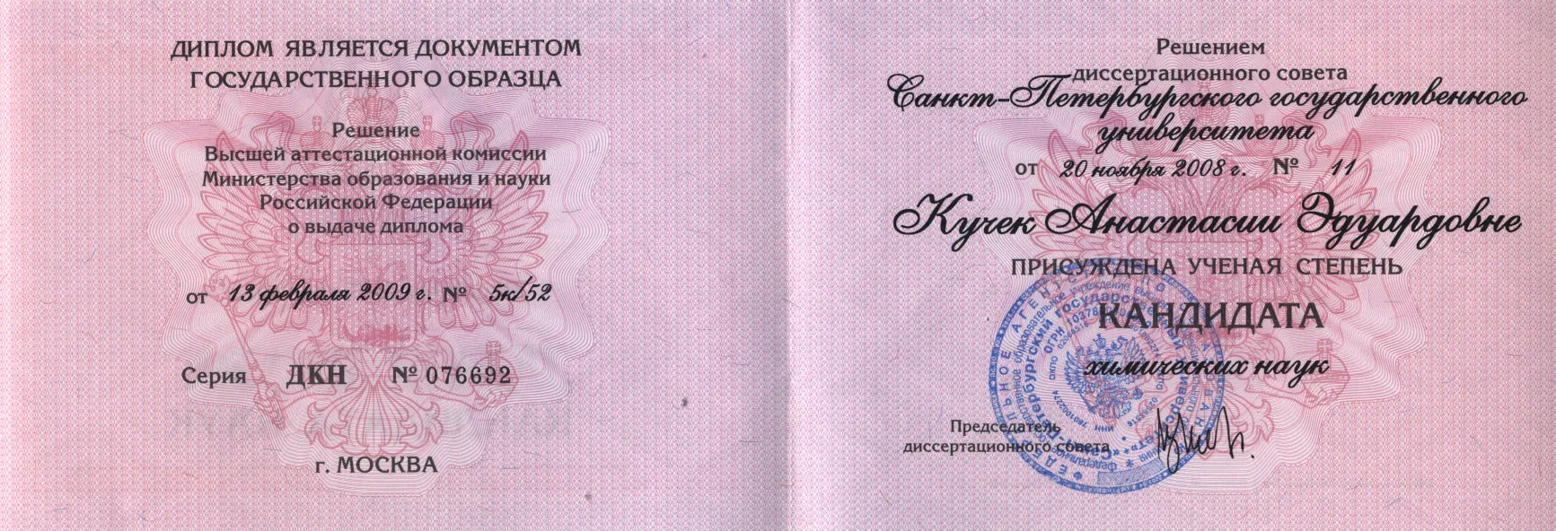 Диплом кандидата химических наук
