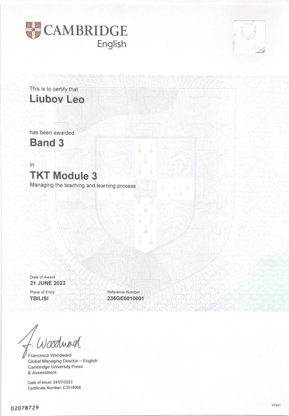 Сертификат. Cambridge English Teaching Knowledge Test Module 3
