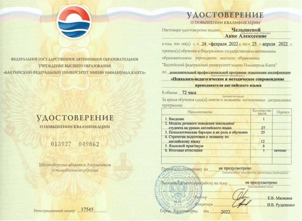 Удостоверение о повышении квалификации 