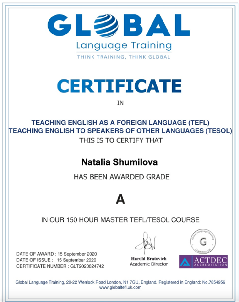 Сертификат. TESOL certificate