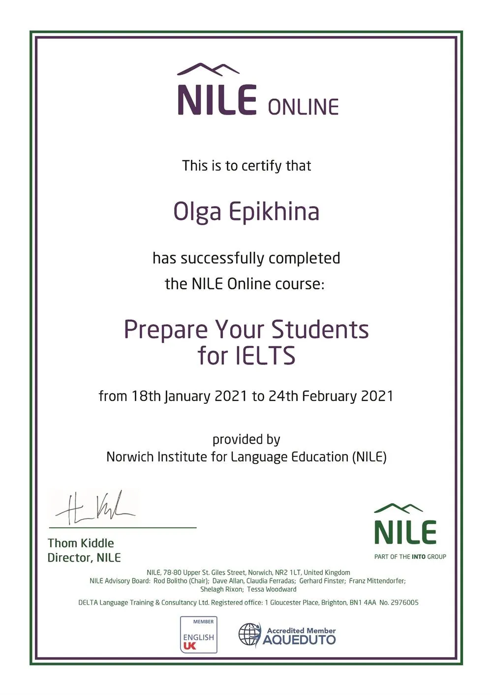 Сертификат тренера по подготовке к IELTS от британской школы NILE