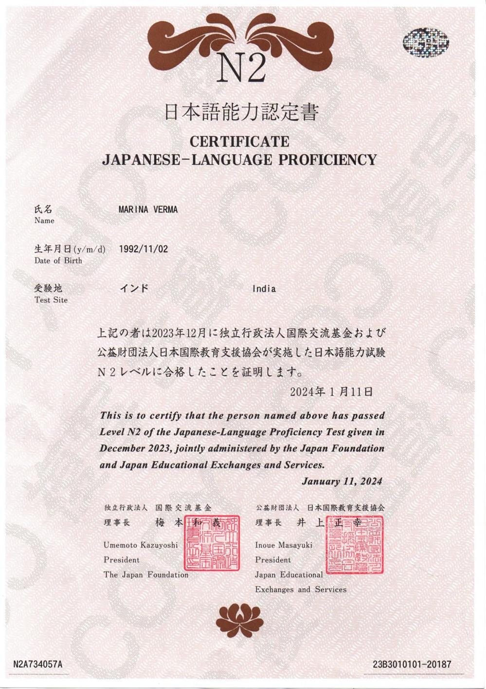 Сертификат JLPT N2